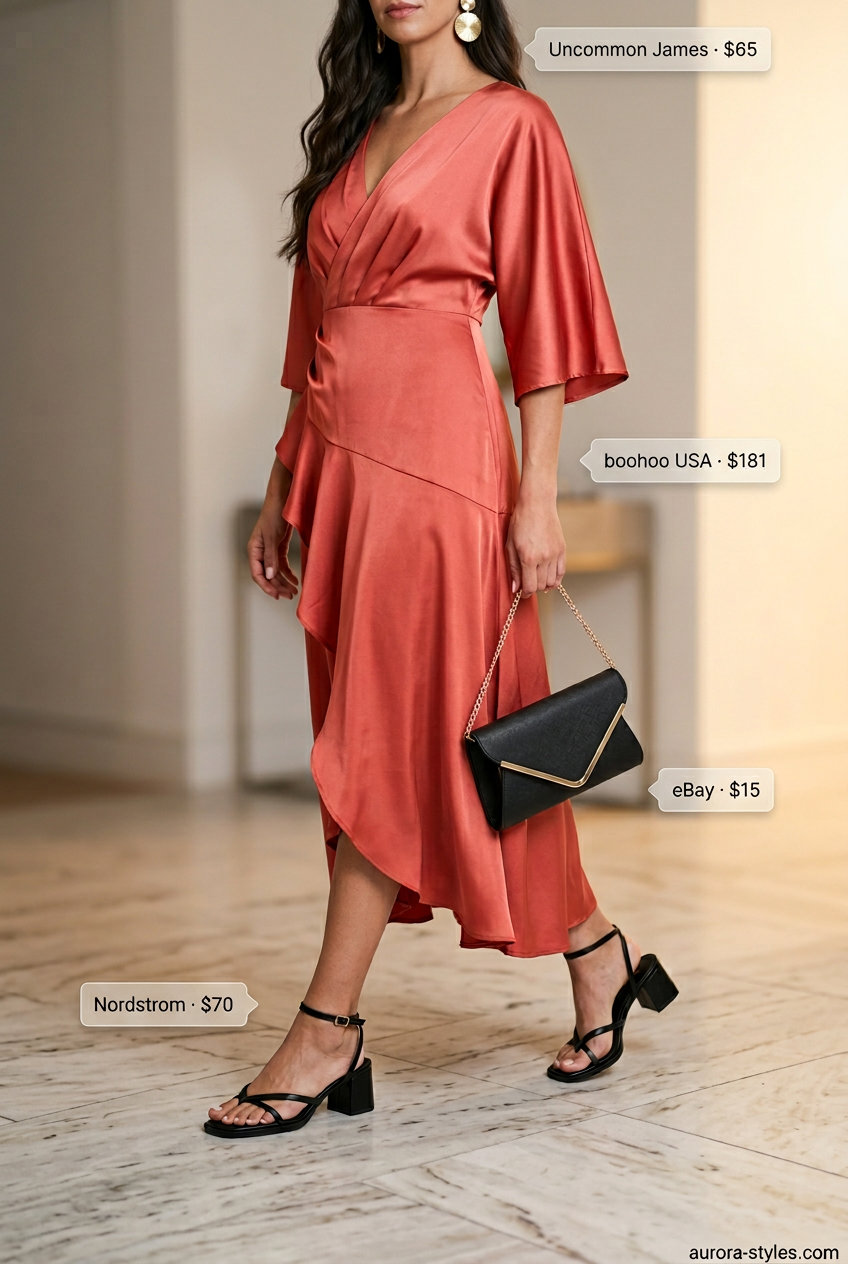 What to Wear with Maxi Dress Summer 2026: Coral midi wrap dress with black heels and gold accessories.