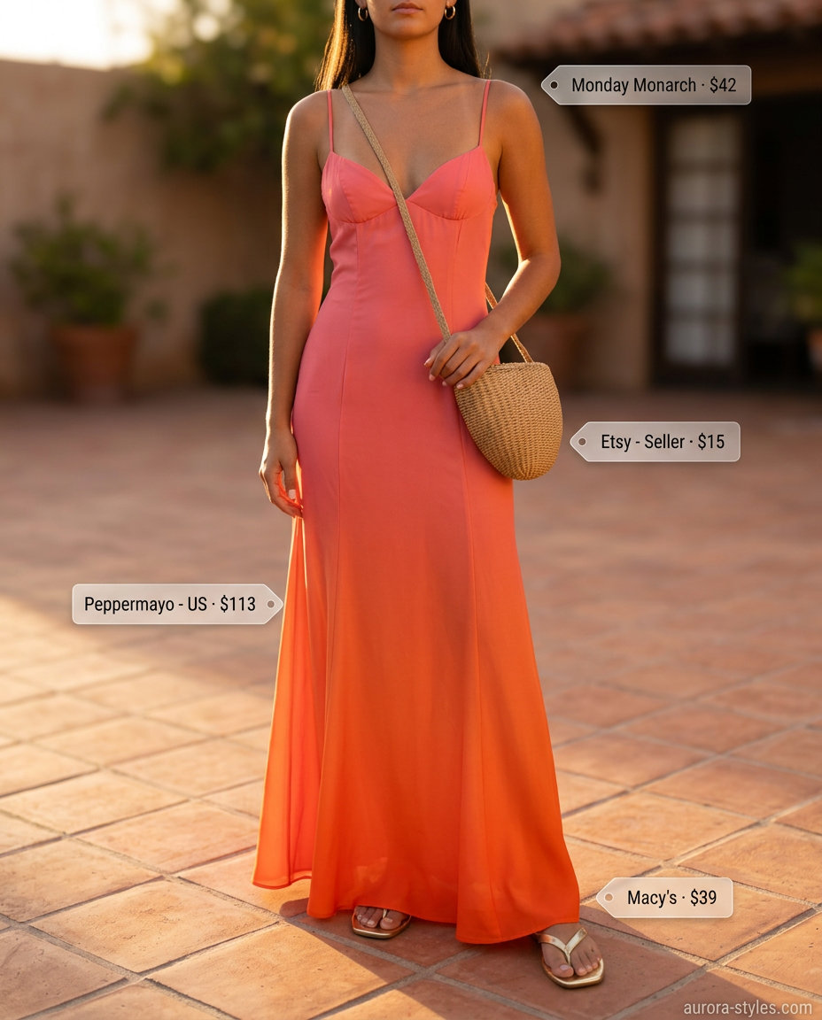 Sunset glow maxi dress outfit: Gradient print dress with gold hoop earrings & straw crossbody bag.