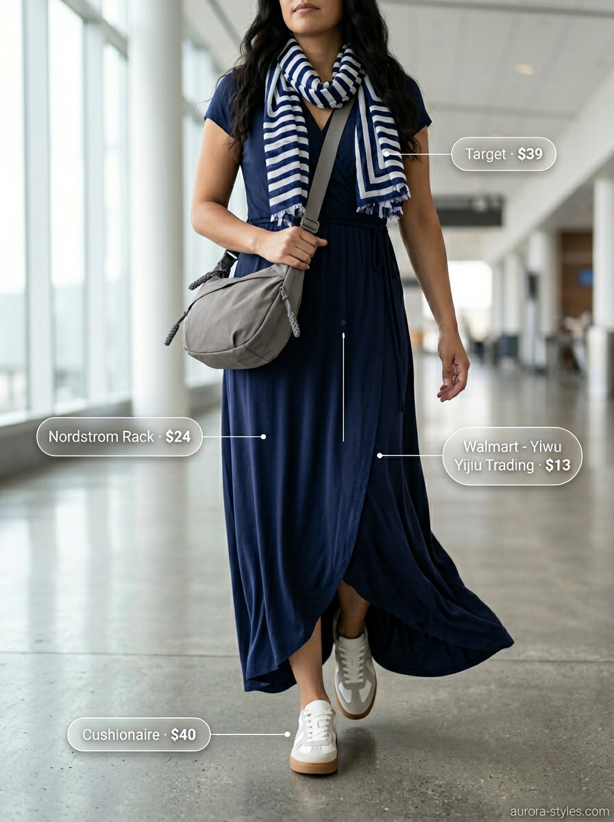 Chic travel maxi dress outfit: Navy blue jersey dress with white stripe scarf & grey crossbody bag.