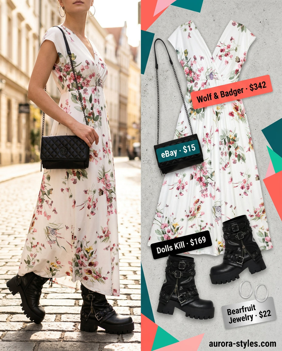 What to Wear with Maxi Dress Summer 2026: Floral print maxi dress with combat boots and crossbody bag.