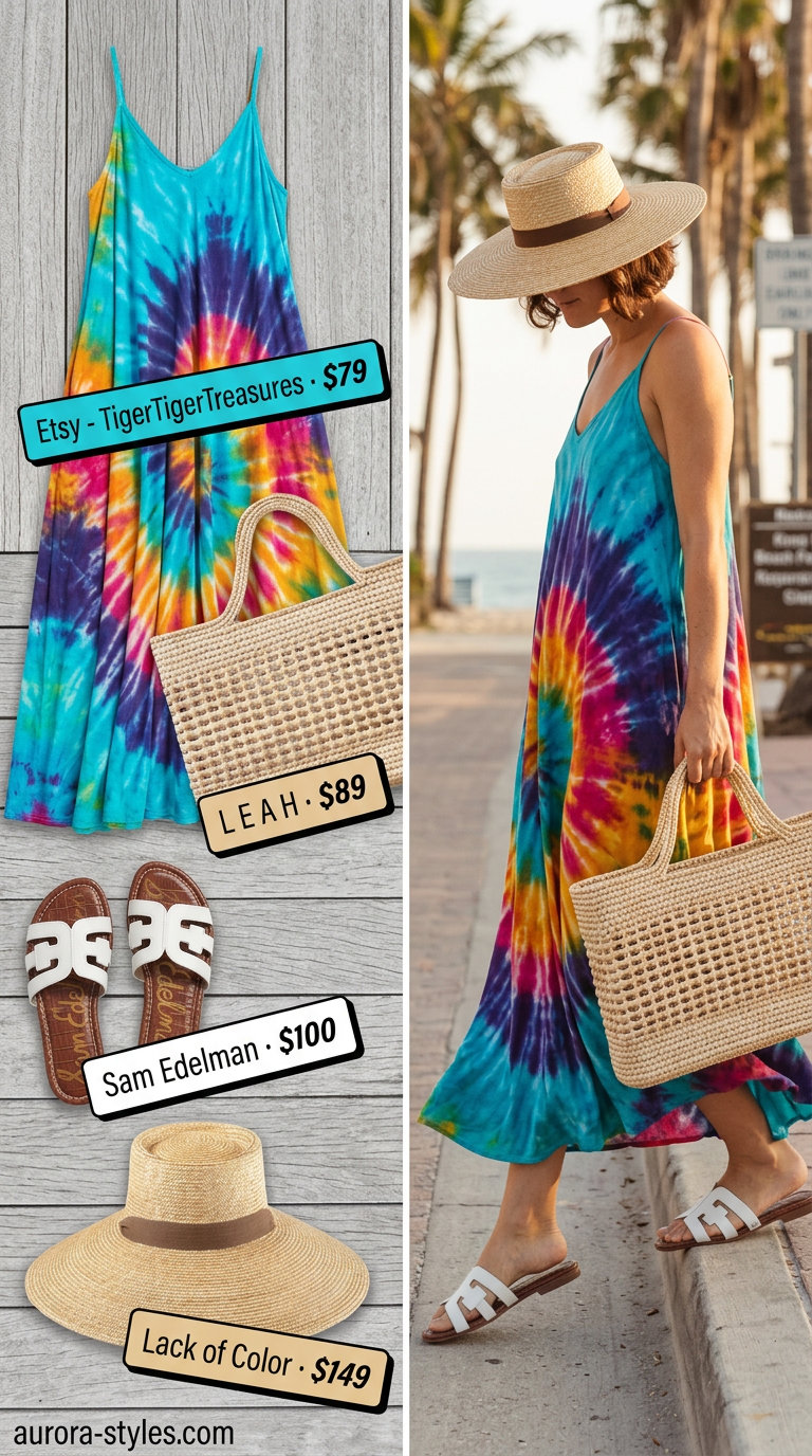 Vacation ready tie-dye maxi dress outfit for summer 2026. Includes straw hat, tote bag, and flat slides.