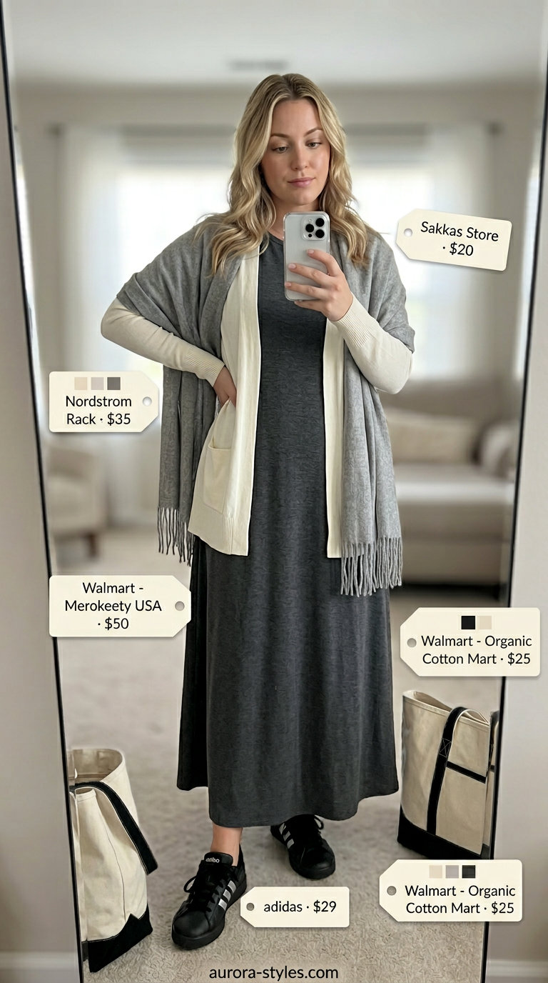Weekend getaway maxi dress outfit: Charcoal grey dress with cream cardigan, tote bag & sneakers.