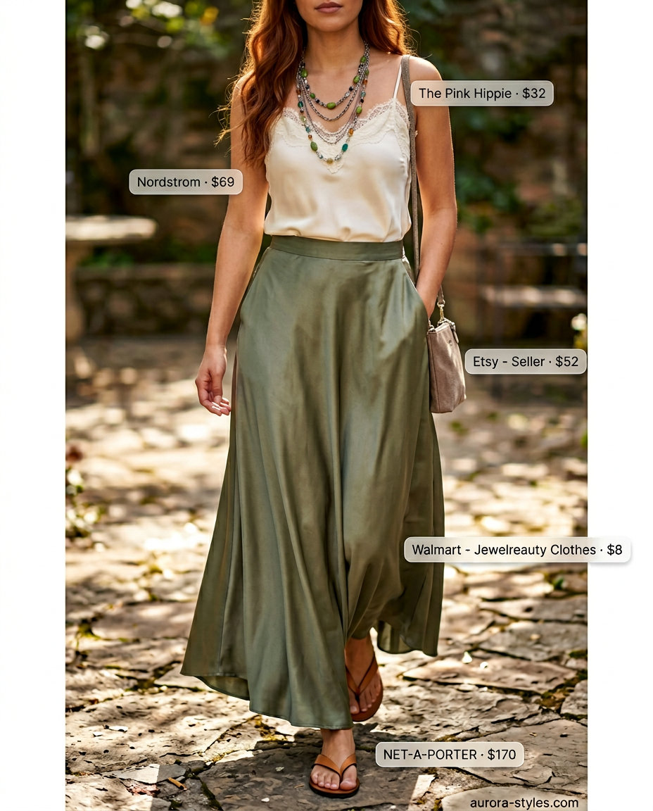 Bohemian Rhapsody outfit: Olive green satin maxi skirt, cream camisole, layered necklaces for summer festival.
