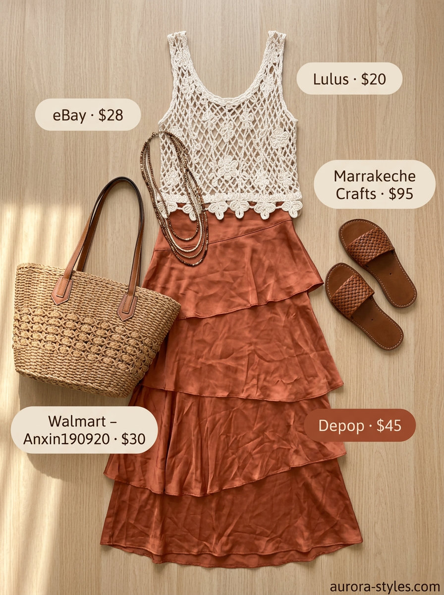 What to Wear with Satin Skirt Summer 2026: Terracotta satin maxi skirt, crochet top, woven slides for bohemian style.