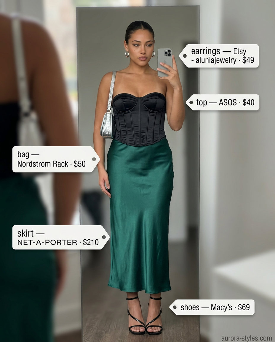 What to Wear with Satin Skirt Summer 2026: Emerald green satin midi skirt, black corset top, silver bag for bold glam.