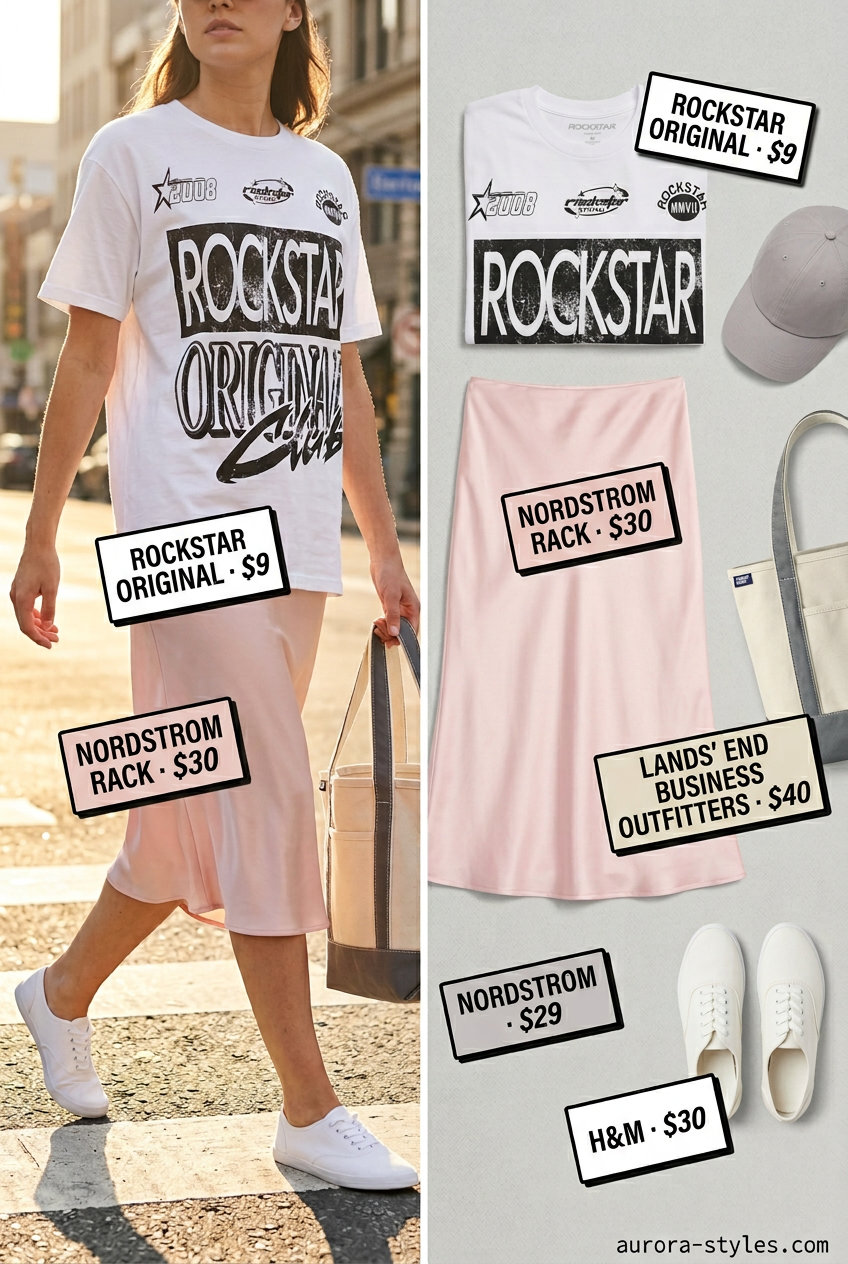Casual Chic outfit: Blush pink satin midi skirt, white graphic tee, white sneakers for a relaxed day out.