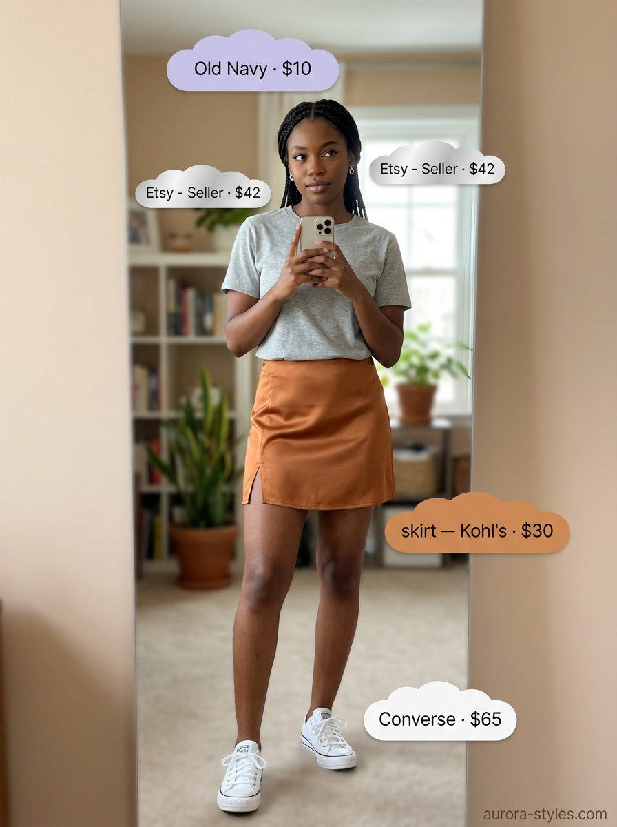 What to Wear with Satin Skirt Summer 2026: Camel satin mini skirt, grey tee, white sneakers for casual weekend style.