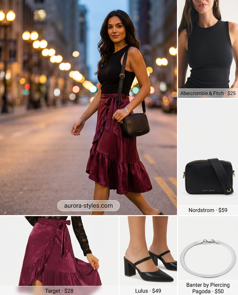 What to Wear with Satin Skirt Summer 2026: Burgundy satin wrap skirt, black tank, mules for city evening chic.