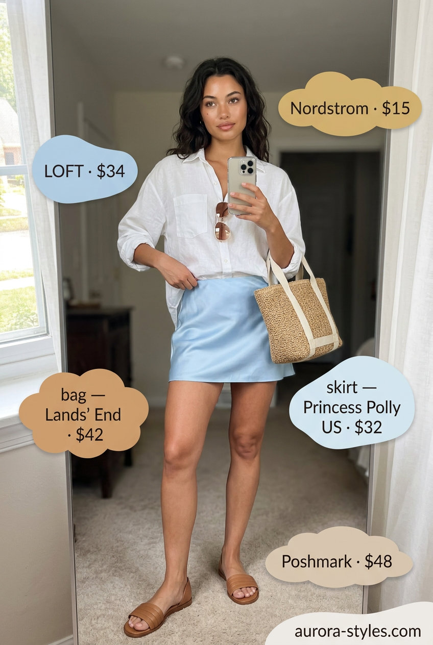 What to Wear with Satin Skirt Summer 2026: Sky blue satin mini skirt, white linen shirt, straw tote for coastal chic.