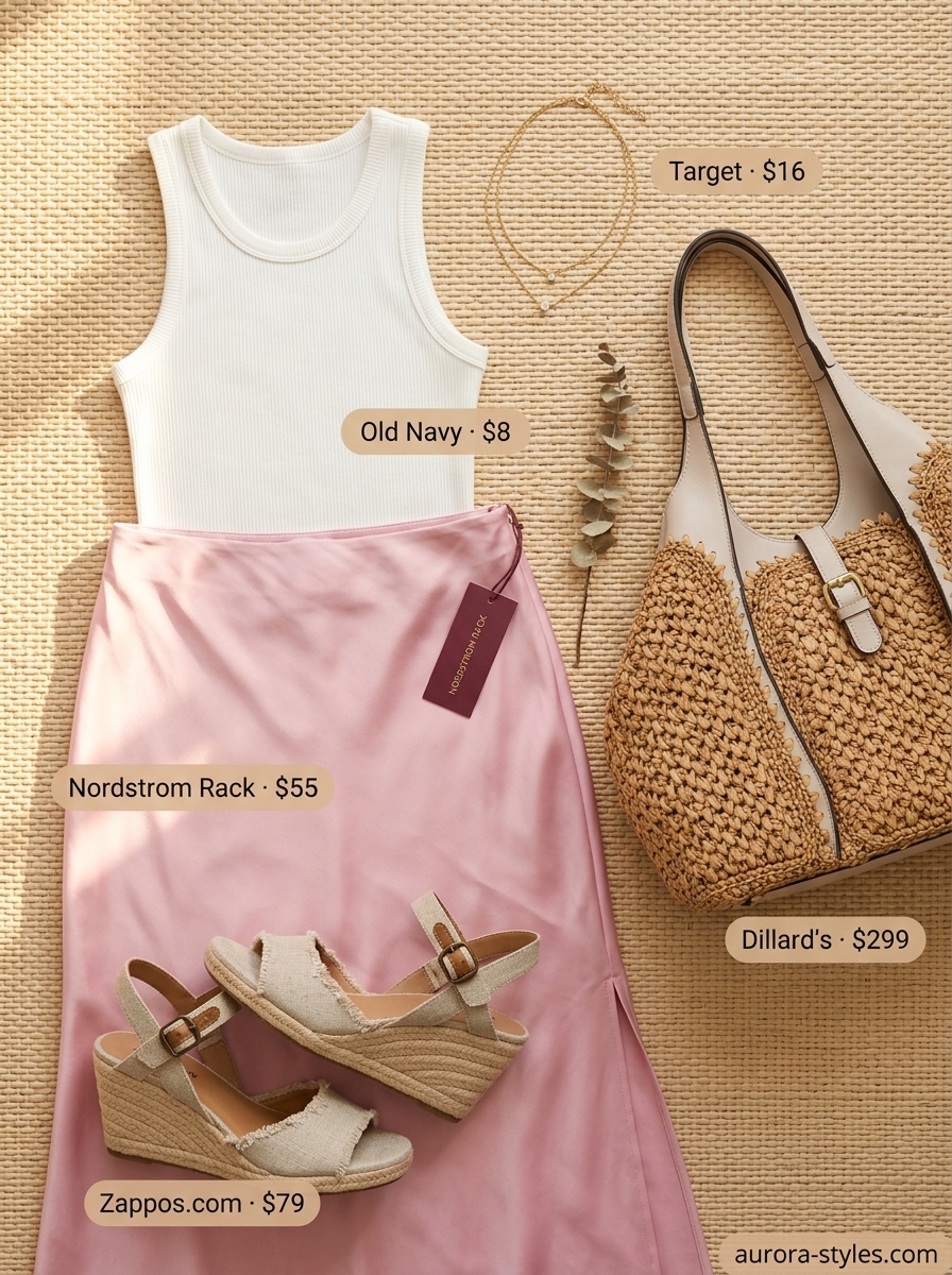 Coastal Sunset Cruise outfit: Blush pink satin maxi skirt, white tank top, espadrille wedges for a resort evening.