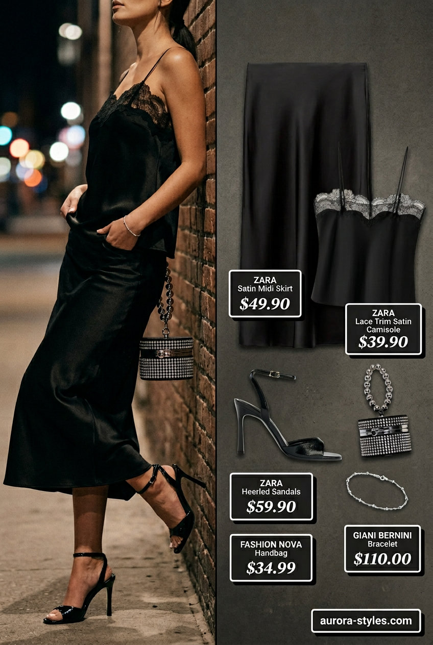Date Night Delight outfit: Black satin midi skirt, black lace camisole, black heeled sandals for a romantic evening.
