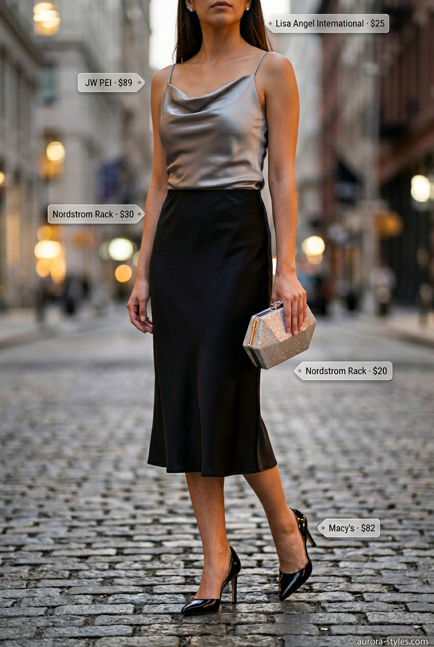 Black satin midi skirt with a silver cowl neck camisole and heels for an elegant evening.