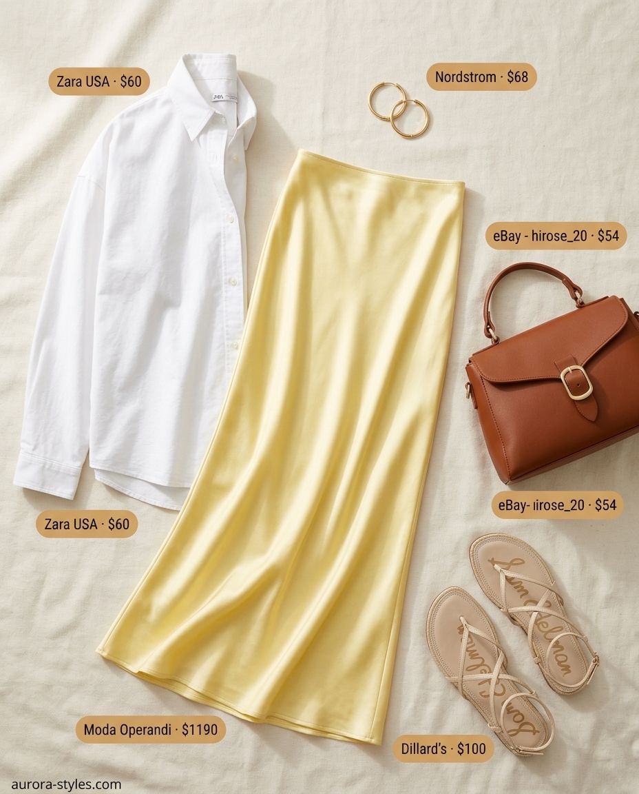 What to Wear with Satin Skirt Summer 2026: Lemon yellow satin midi skirt, white shirt, flat sandals for garden party.