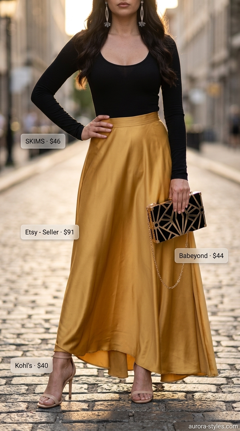 Golden Hour Goddess outfit: Gold satin maxi skirt, black bodysuit, nude heels for an evening event.