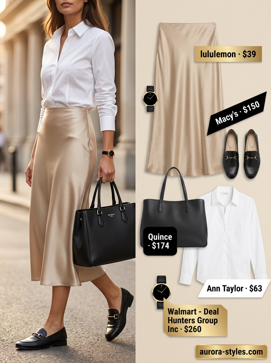 Beige satin midi skirt with a white shirt, black loafers, and tote for modern workwear.