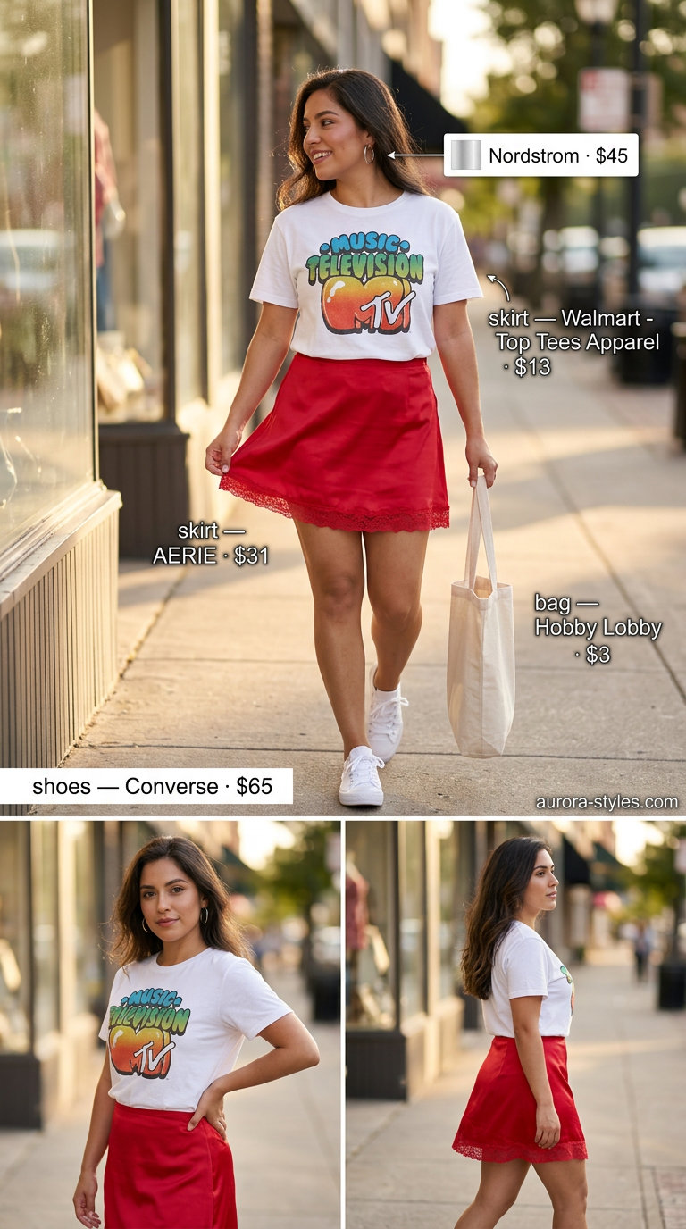 Red satin A-line mini skirt with a graphic tee and white sneakers for a playful summer day.