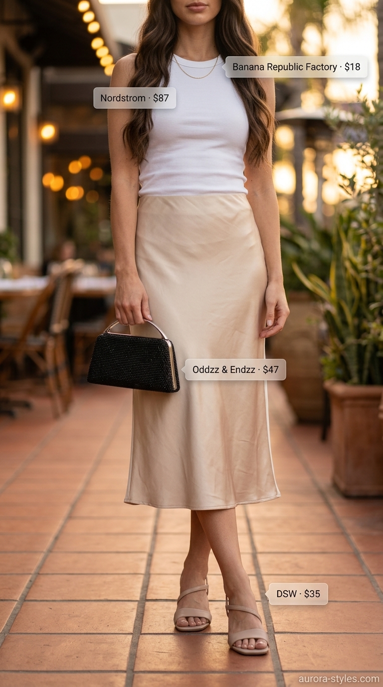 Summer Evening Glow outfit: Champagne satin midi skirt, white tank top, nude heels for a cocktail hour.