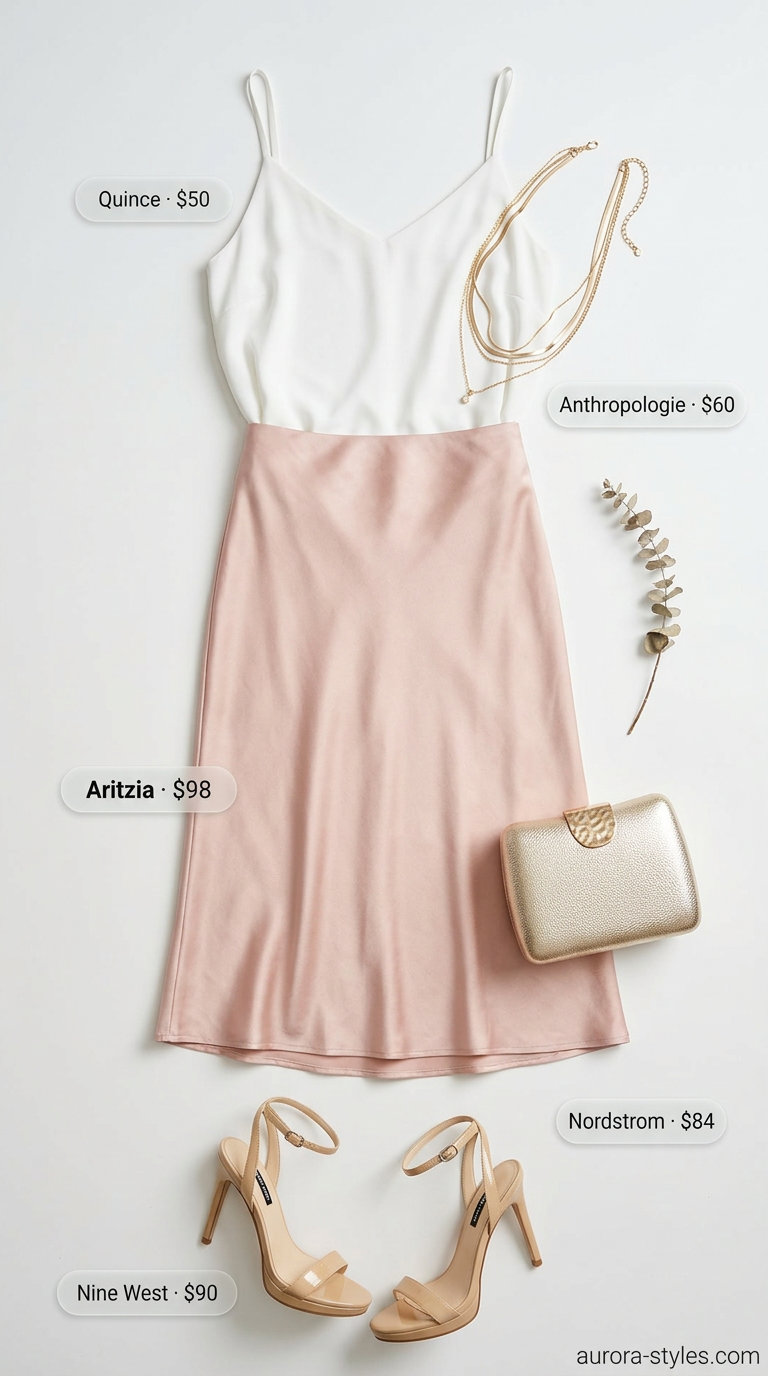 Blush pink satin midi skirt with an ivory camisole and strappy heels for a summer dinner.