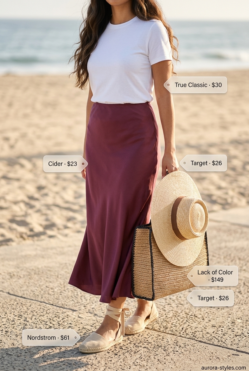 Coral satin maxi skirt with a white t-shirt and espadrille sandals for a beach brunch.