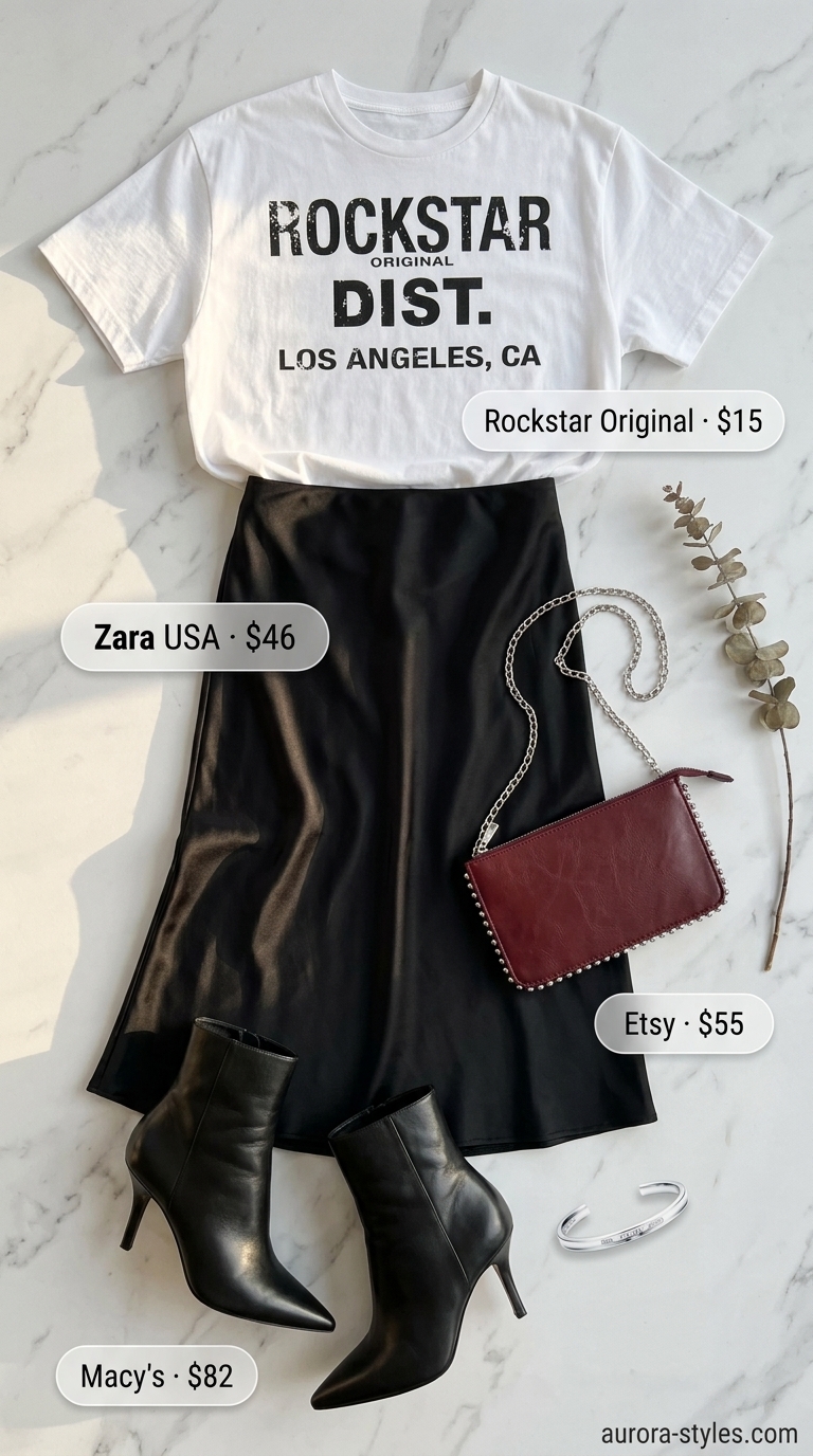 Urban Chic outfit: Black satin midi skirt, white graphic tee, black leather ankle boots for a cool lunch date.