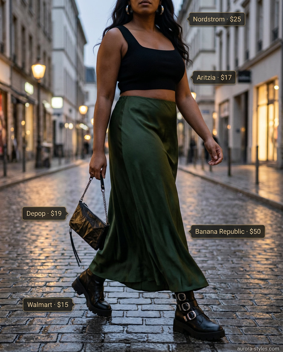 Urban Explorer outfit: Forest green satin slip skirt, black crop top, combat boots for city sightseeing.