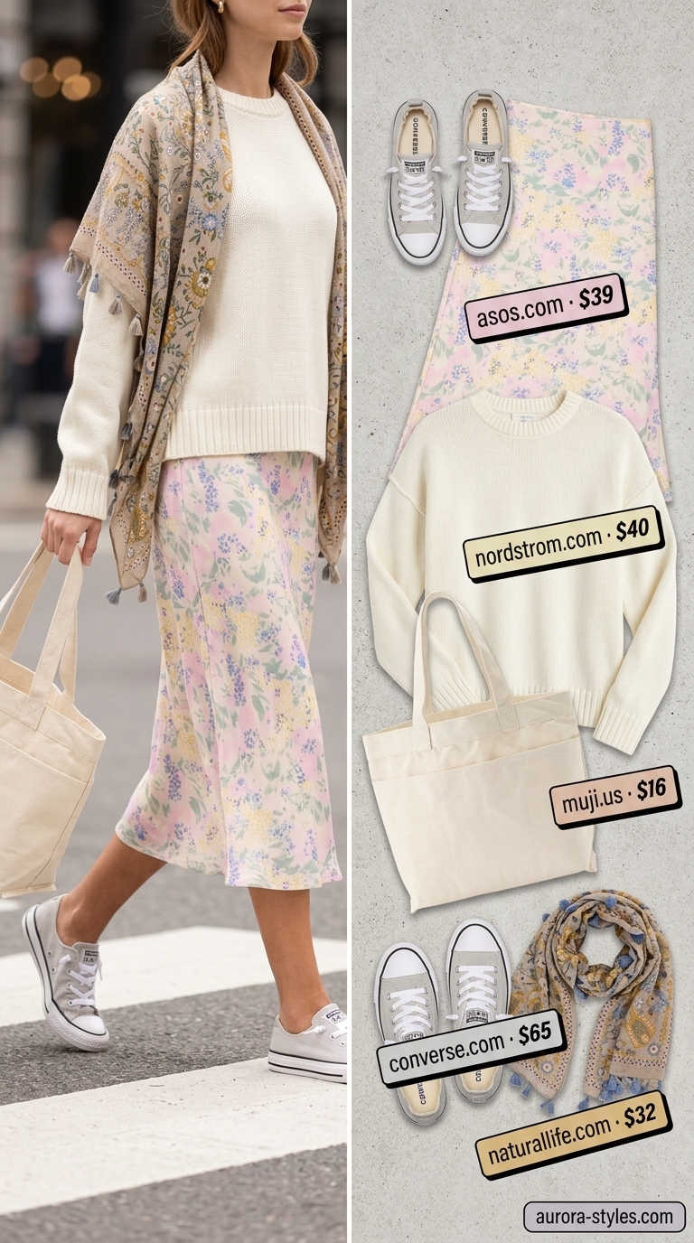 Pastel floral satin midi skirt with a cream knit sweater and sneakers for weekend travel.