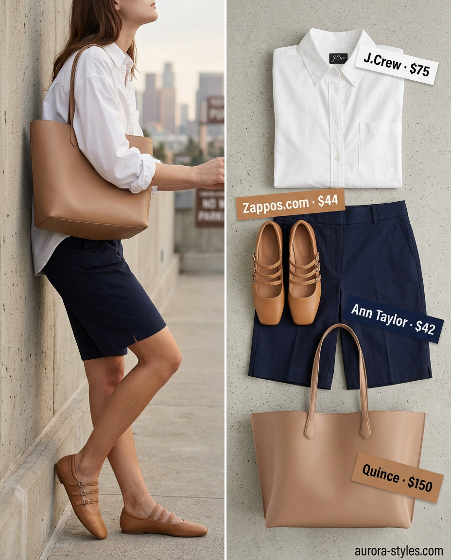 Navy tailored shorts with white shirt & tan tote. What to wear with strappy heels summer 2026 for smart casual.