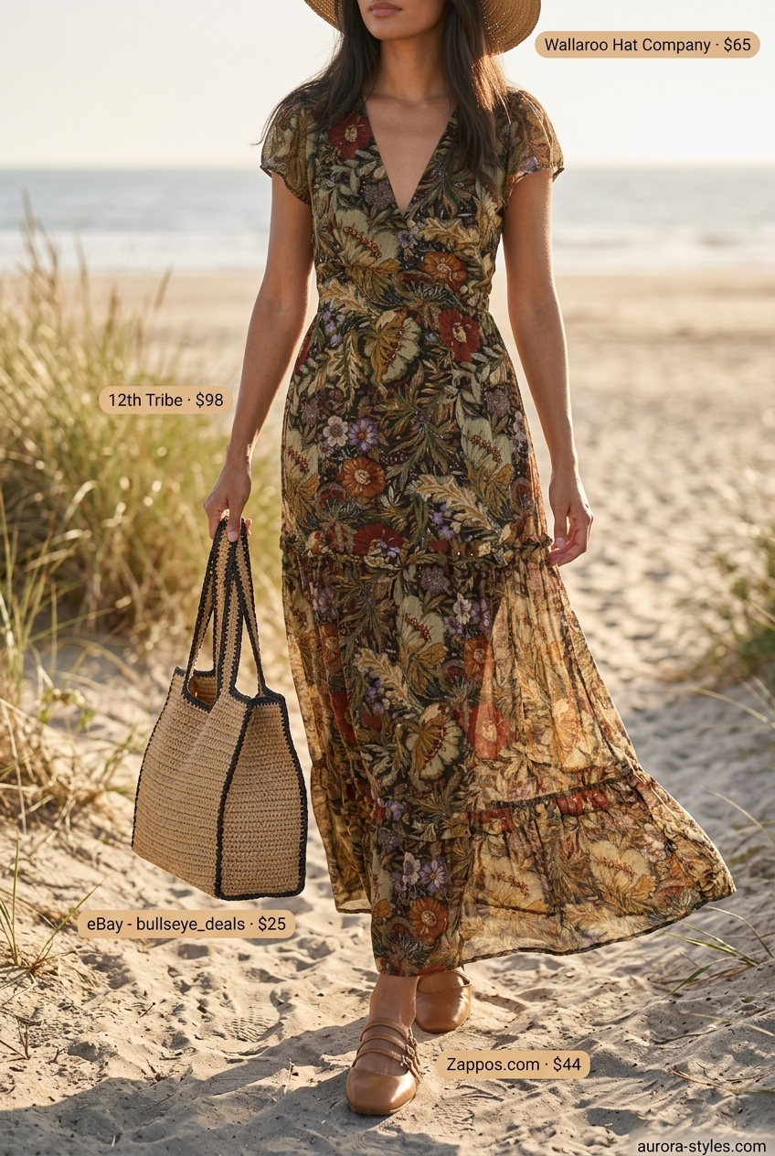 Boho floral maxi dress outfit for summer 2026: Flowy dress, straw hat, straw tote, nude strappy heels.