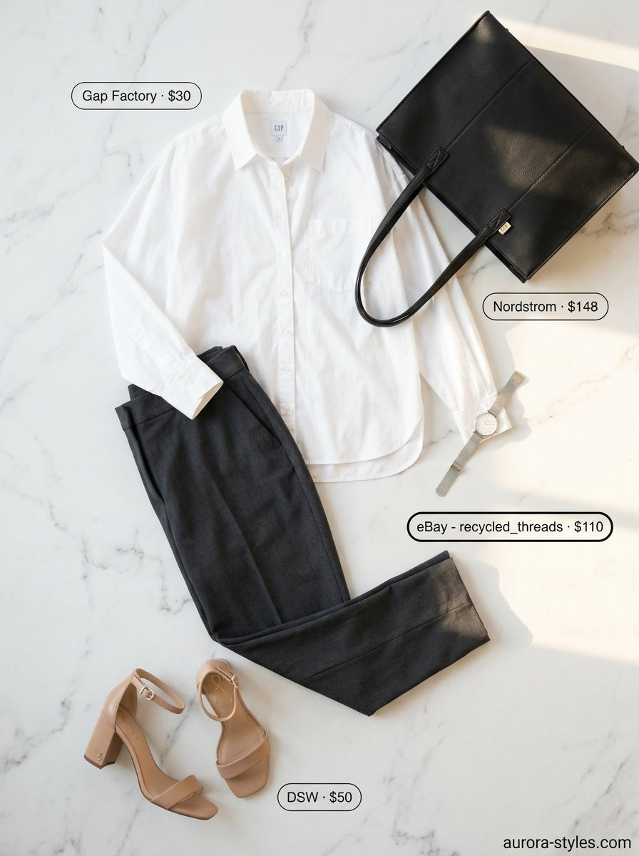 Nude block heel sandals with grey tailored trousers and white shirt for sophisticated summer 2026 office outfits.