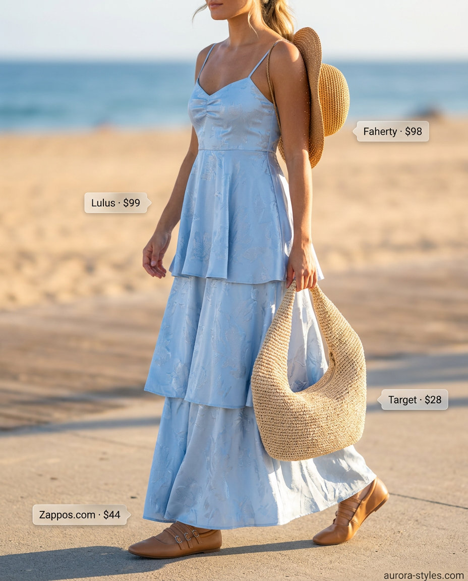 Sky blue maxi dress with white accessories and strappy heels for summer 2026 beach vacation outfits.