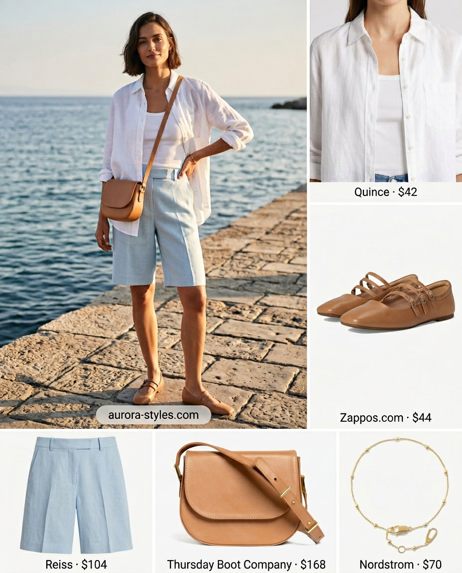 Navy Bermuda shorts with white linen shirt and strappy heels for smart casual summer 2026 outfits.