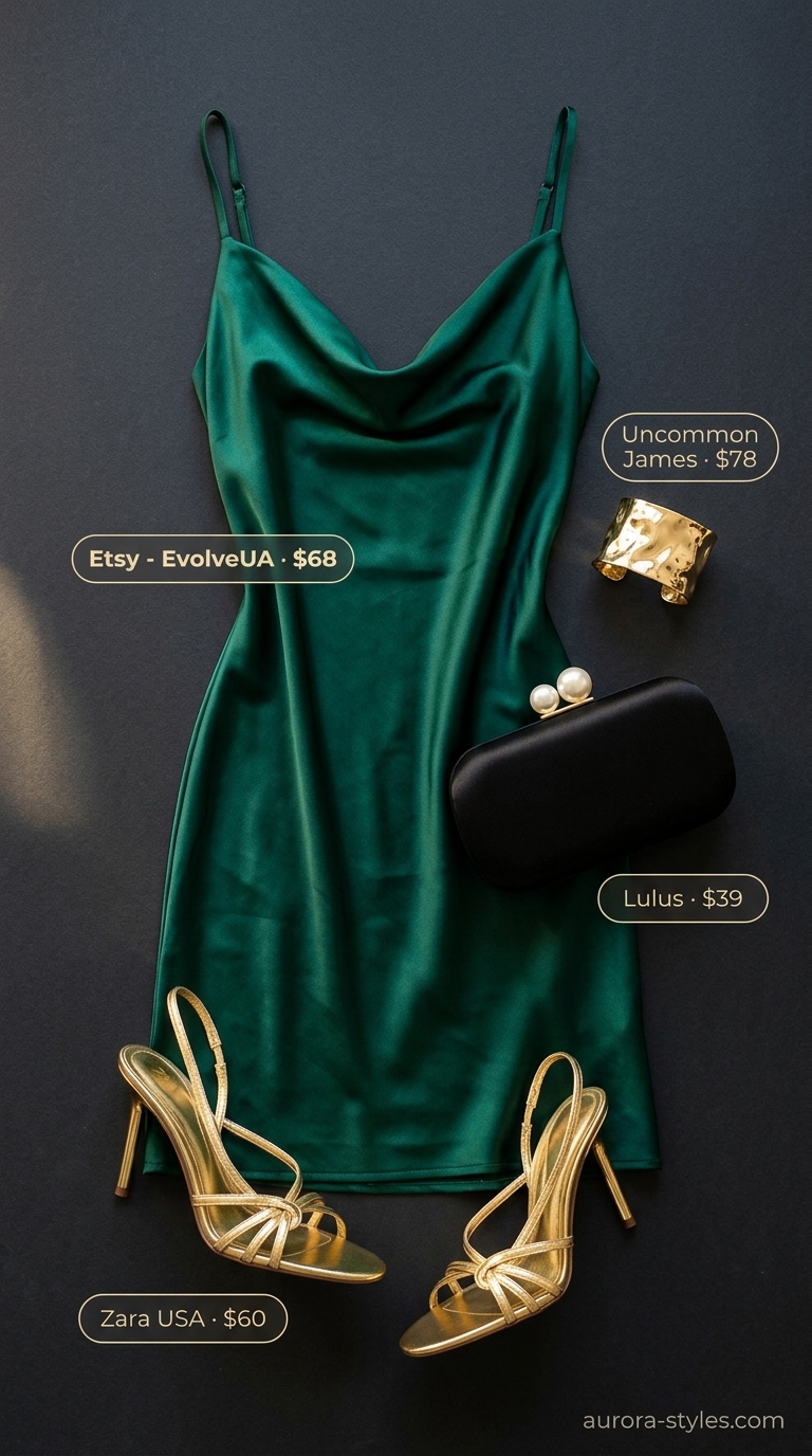 Glamorous emerald green slip dress outfit for summer 2026: Satin dress, gold cuff, gold strappy heels, black clutch.