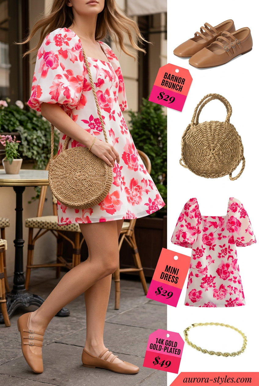 Playful coral floral mini dress outfit for summer 2026: Puff sleeve dress, gold bracelet, straw bag, nude heels.