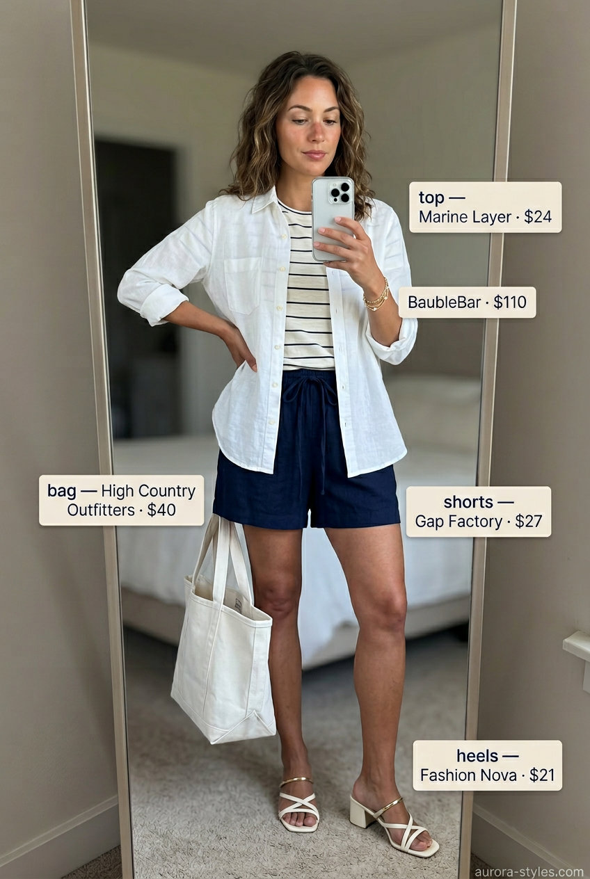 Navy linen shorts with striped tee & beige mules. What to wear with strappy heels summer 2026 for casual days.