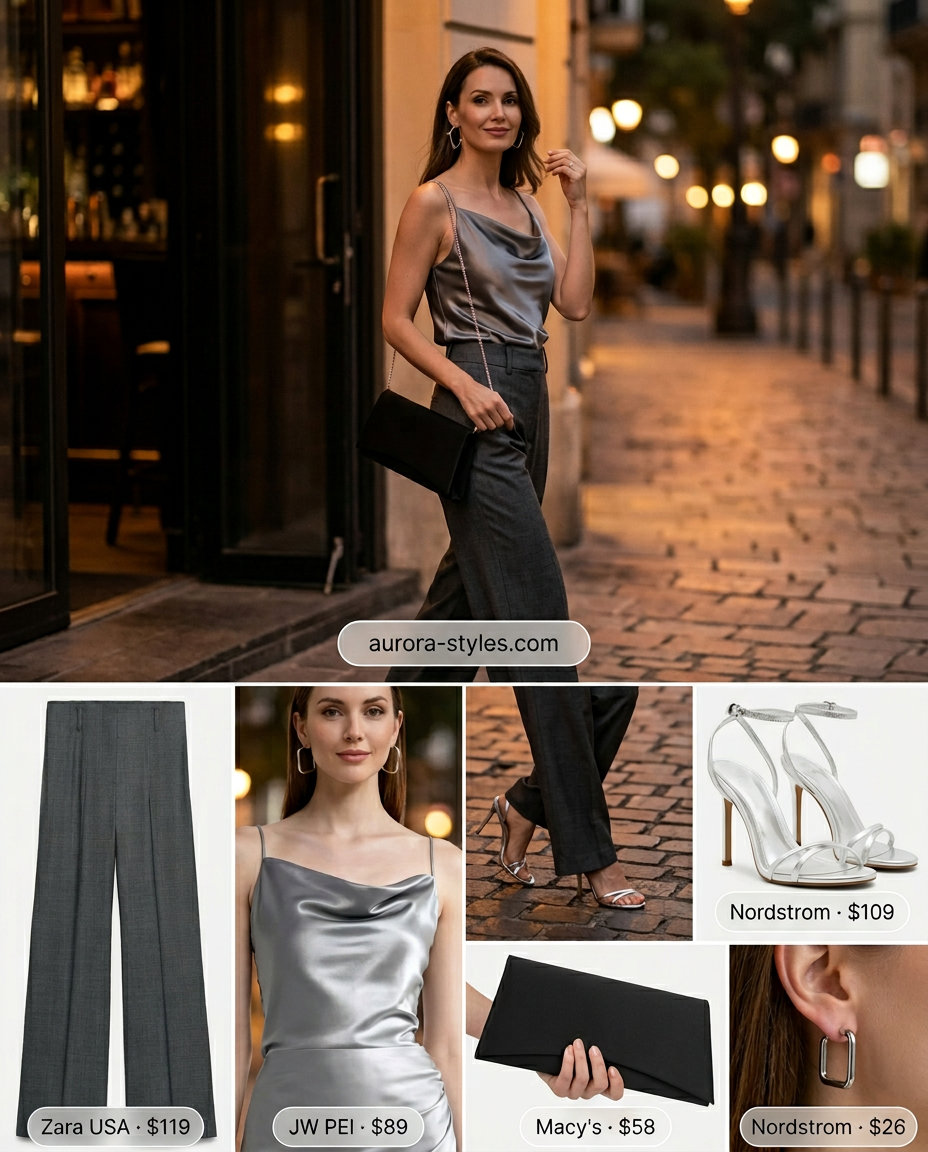 Silver strappy heels with charcoal grey trousers and cowl neck camisole for chic summer 2026 cocktail outfits.