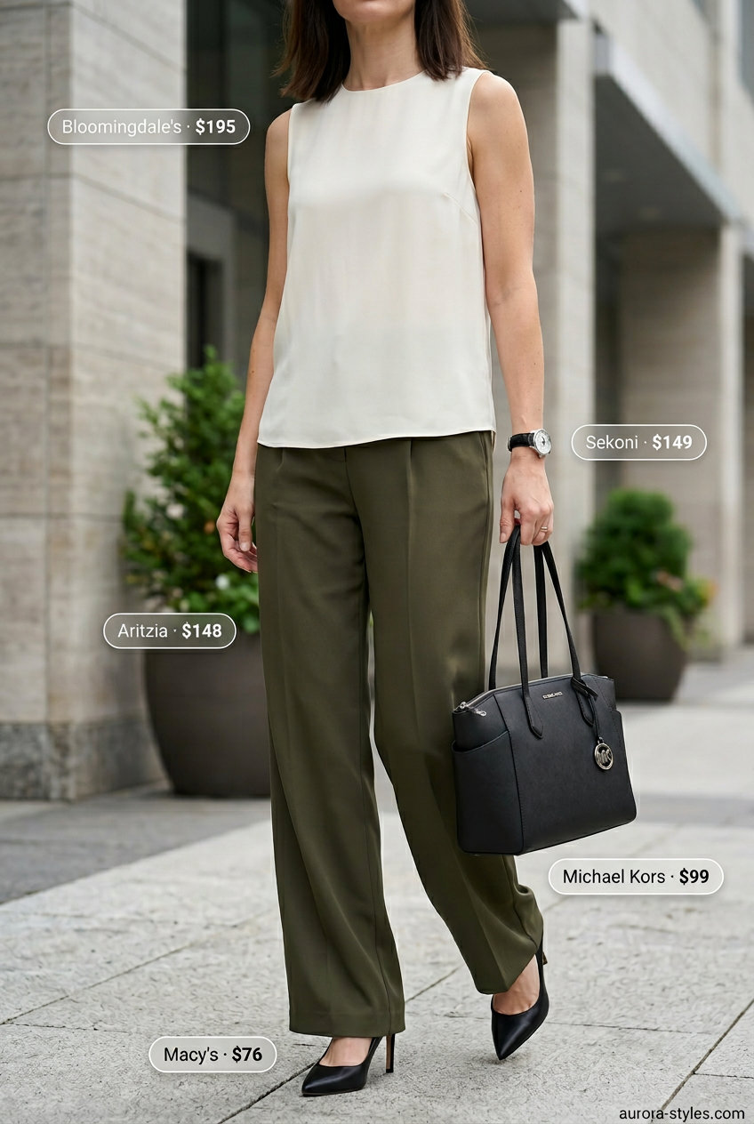 Olive green wide-leg trousers with silk top & black heels. What to wear with strappy heels summer 2026 for office wear.