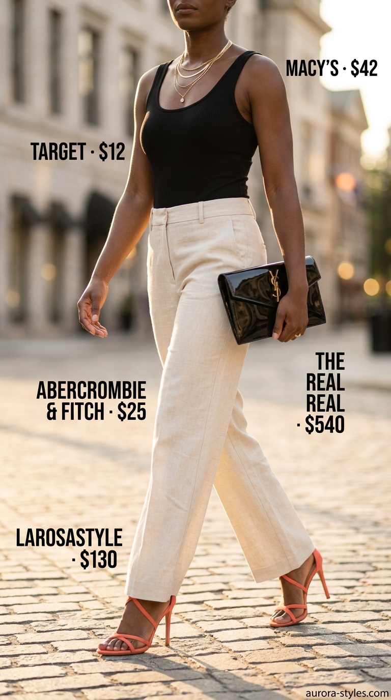 Sophisticated orange strappy heels outfit for summer 2026: Cream wide-leg trousers, black bodysuit, gold necklaces.