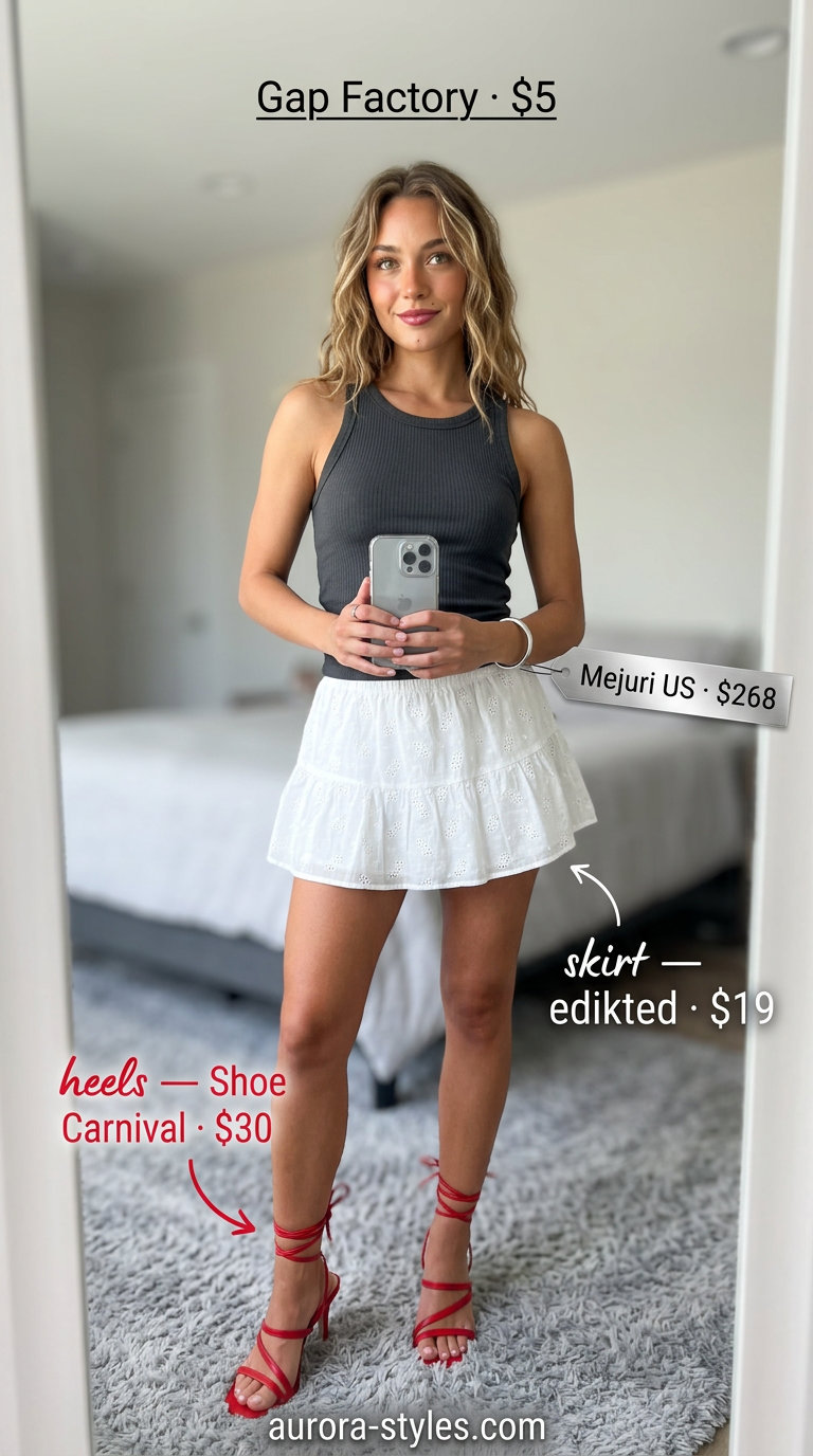 Fun red strappy heels outfit for summer 2026: White eyelet skirt, black tank, silver bracelet, silver clutch.