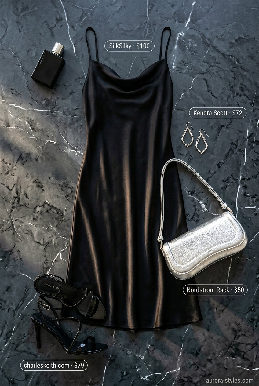 Black satin slip dress with silver earrings & metallic bag. What to wear with strappy heels summer 2026 for date night.