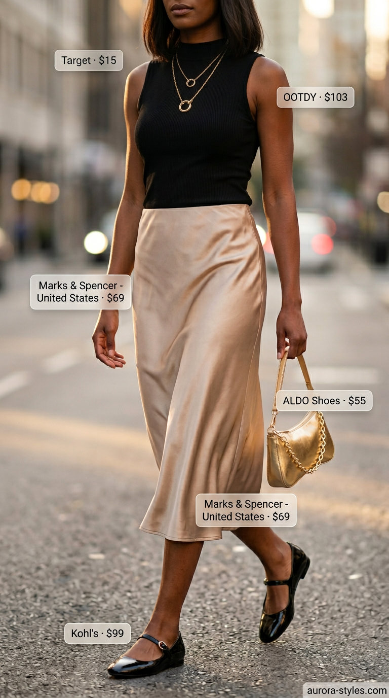 Champagne satin slip skirt with black top & gold heels. What to wear with strappy heels summer 2026 for date night.