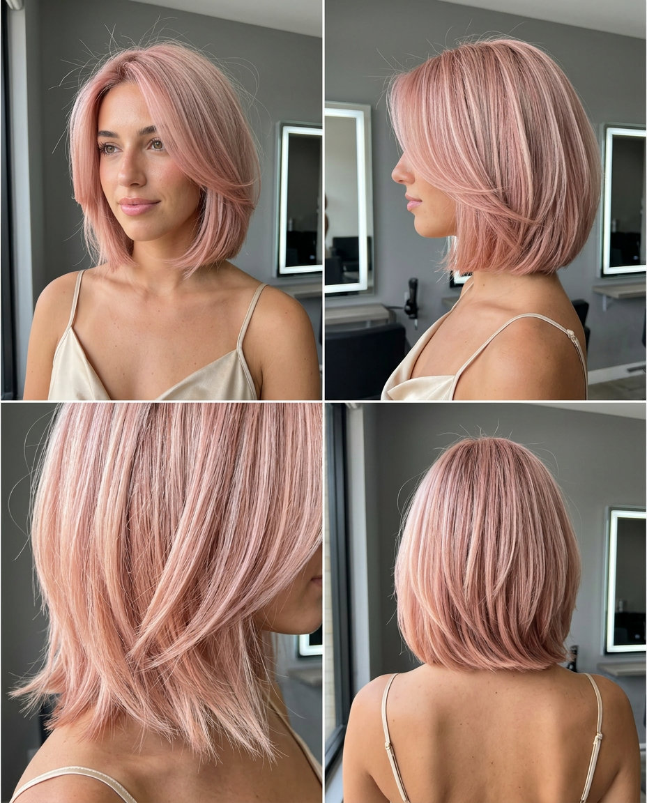 chin-length whisper pink butterfly bob with internal layers, jawline wings — romantic ethereal